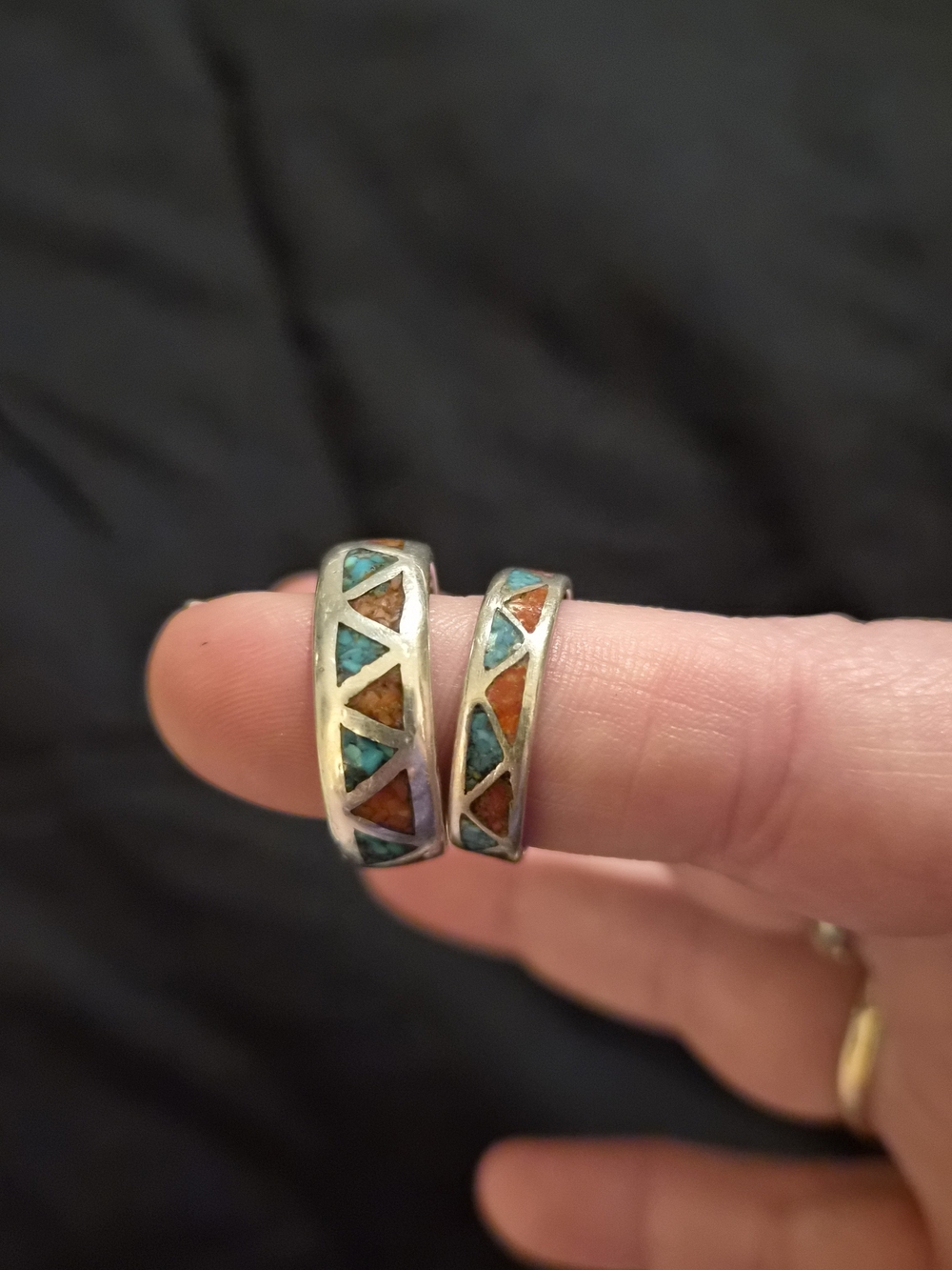 Sterling Silver Inlay Turquoise & Coral Matching Wedding Bands